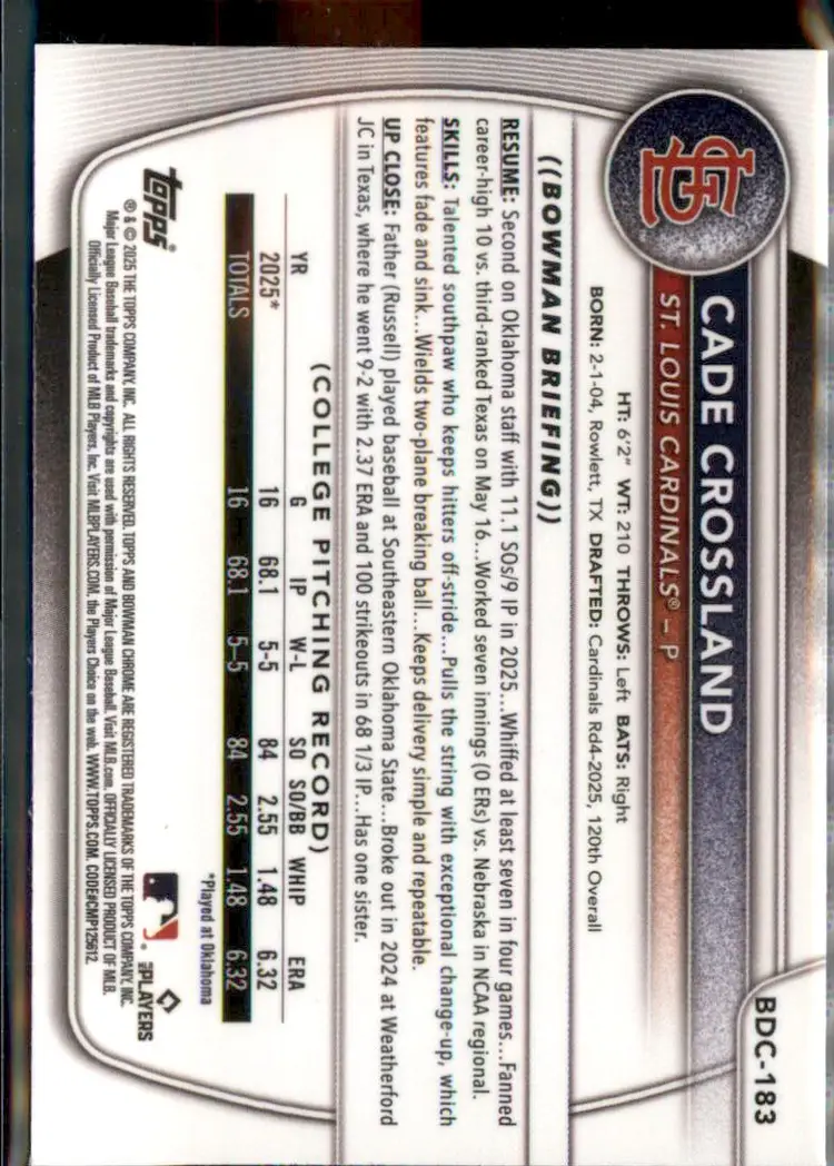 2025 Bowman Draft #BDC-183 Cade Crossland Chrome - (138) - St. Louis Cardinals
