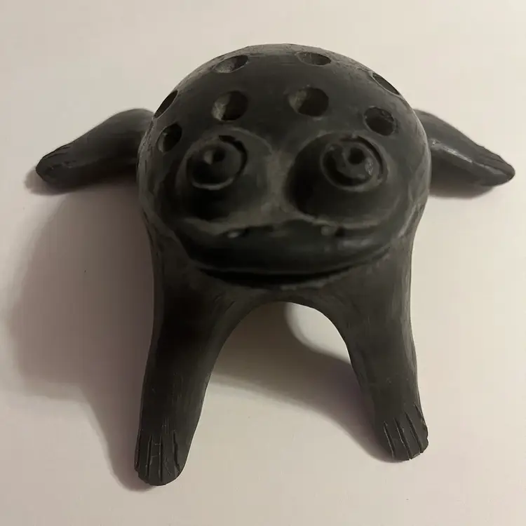 Mexican Black Clay Pottery Frog Figural Flower Frog 4.5L x 5.5W x 2.5"H Folk Art
