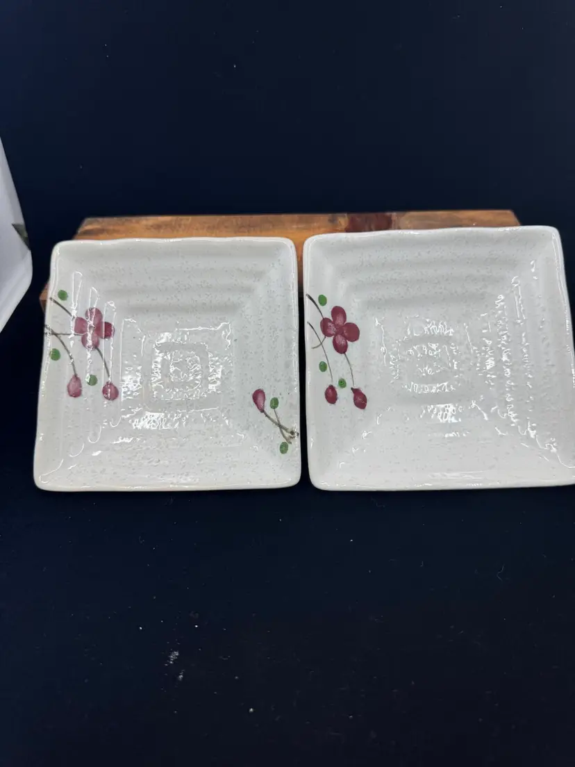 Set Of 2 Vintage KoTo Appetizer Red Flower Blossom Ceramic Condiment Bowls, 4.5”