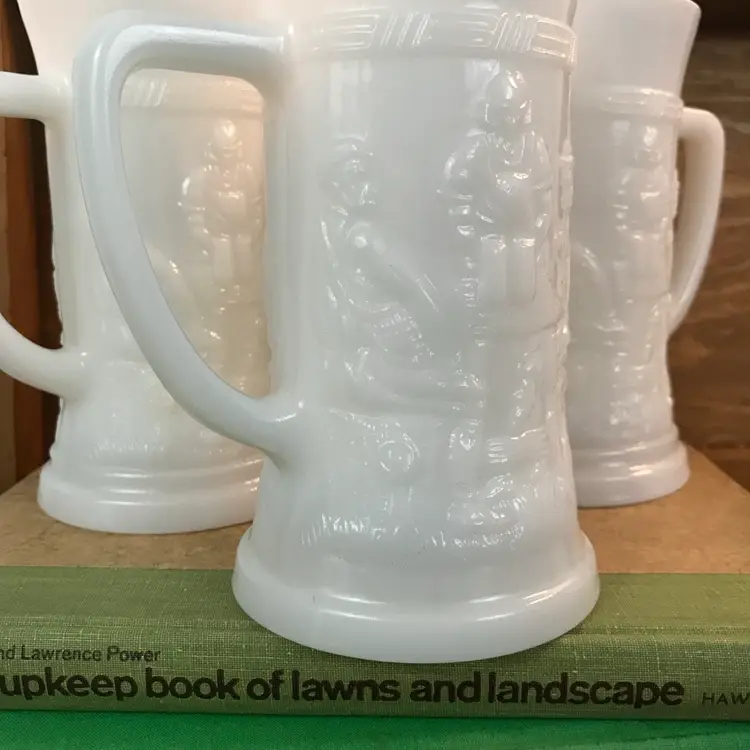 Vintage Stein Feg9 White Milk Glass by Federal Glass Set of 4 Embossed Steins