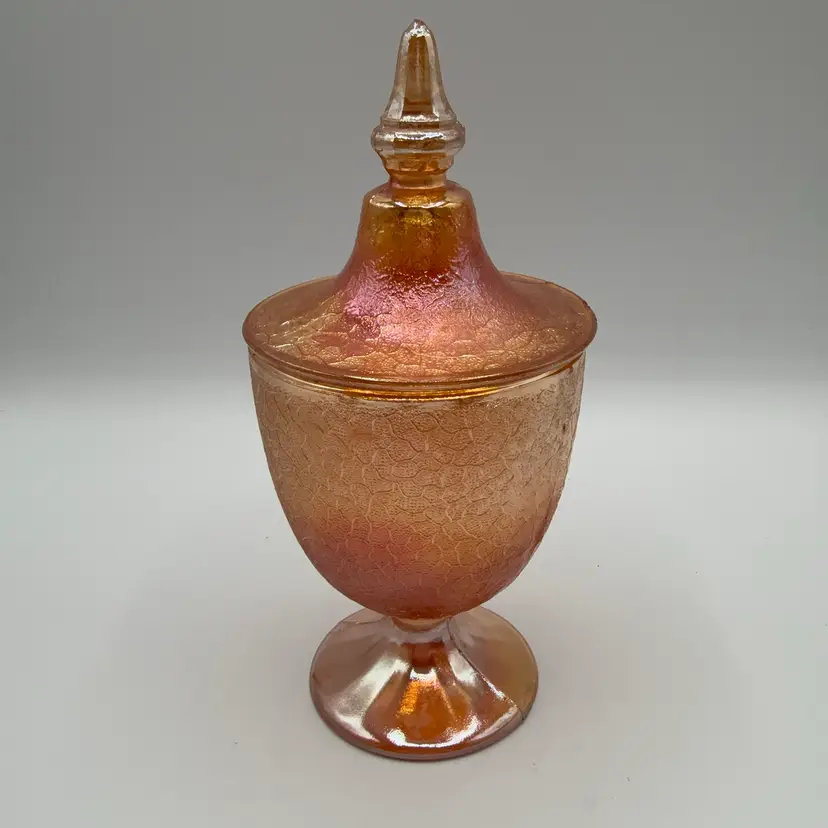 Jeanette Marigold Carnival Glass Pedestal Lidded Candy Dish