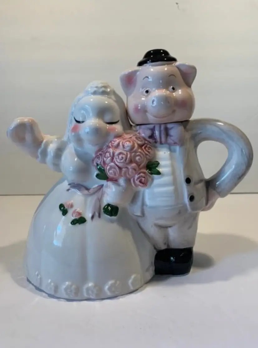 Bride Groom Pig Teapot White Dress Pink Flowers Gray Suit Black Hat Taiwan 7.75” Tall