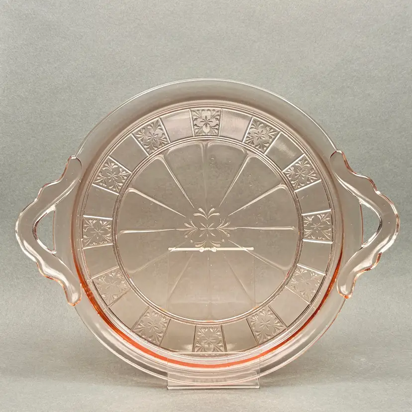Vintage Pink Depression Glass Handled Cake Plate in Federal Glass Rosemary Pattern