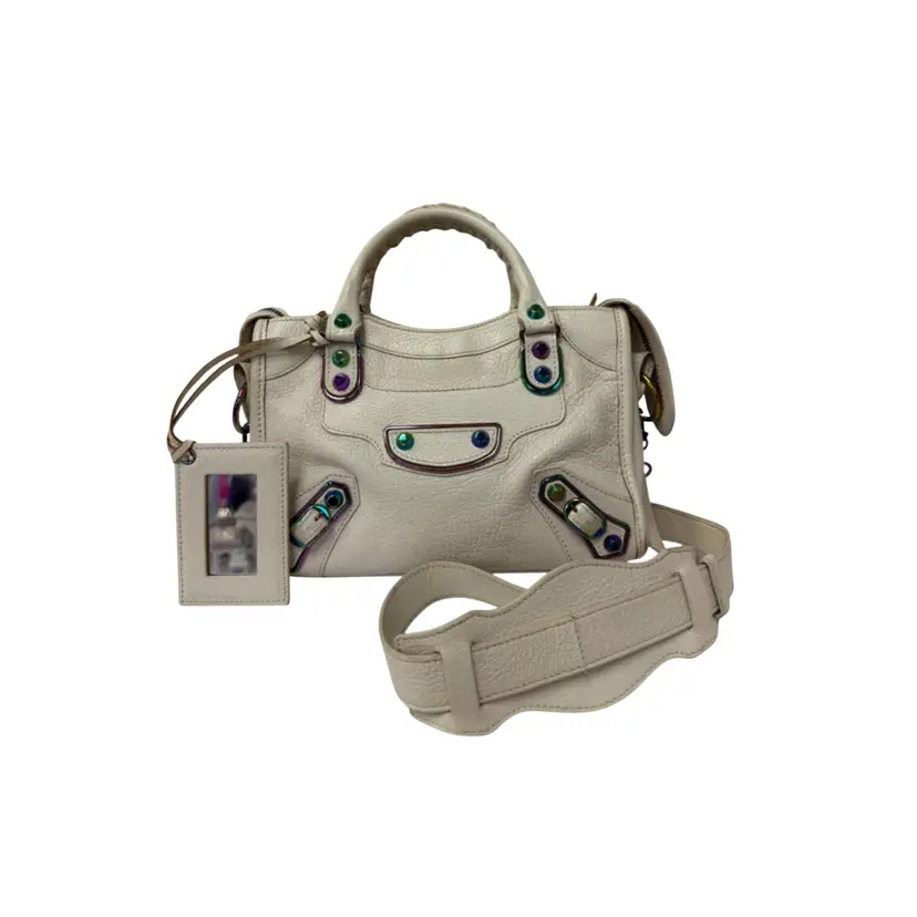 Balenciaga Mini White City Bag With Rainbow Irridescent Hardware