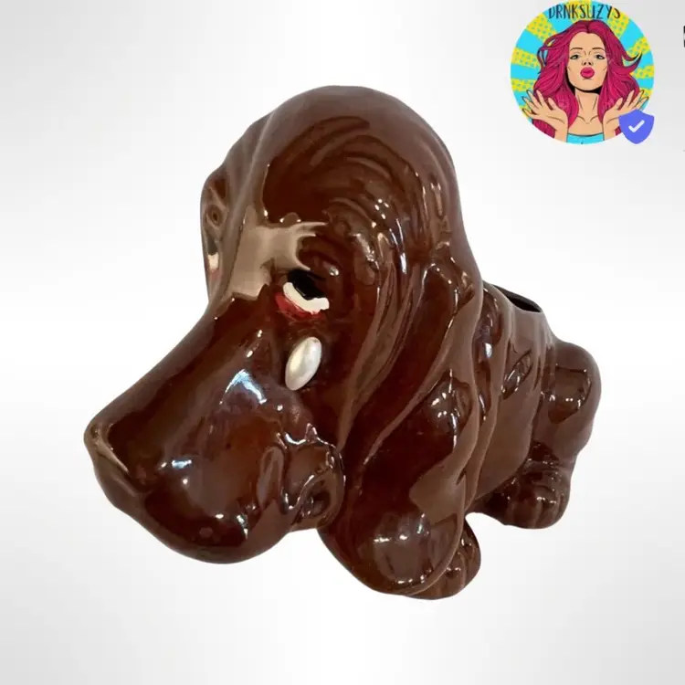 Vintage brown hound dog Tear Drop ceramic flower pot Sad Puppy Planter
