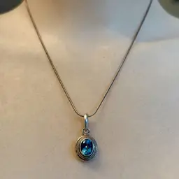 Vintage Sterling Silver Oval Blue Topaz Pendant 1”, Necklace 15”, 9.5g