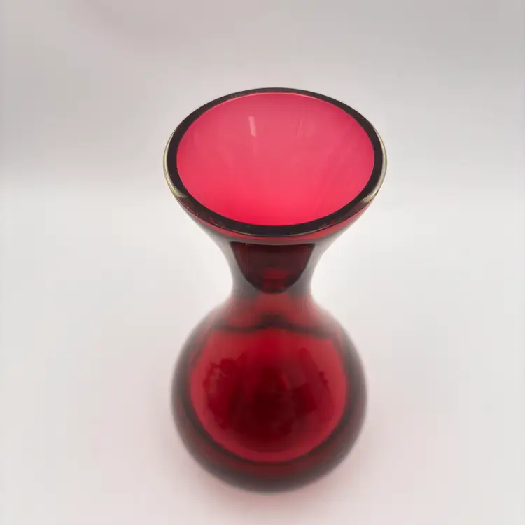 Vintage Cranberry Ruby Red Art Glass Vase Hourglass Shape Hand Blown MCM Style