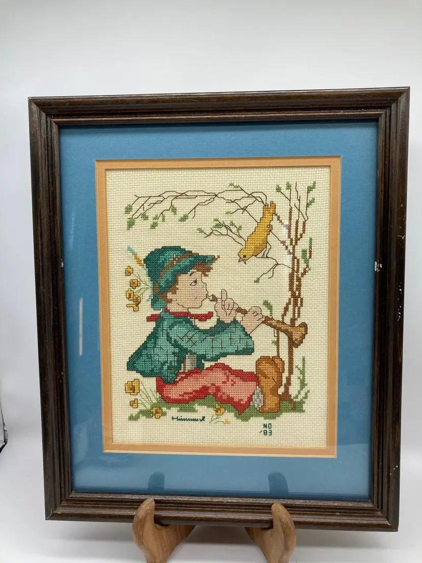 VTG 'Boy with Flute' Completed Cross Stitch Hummel Design