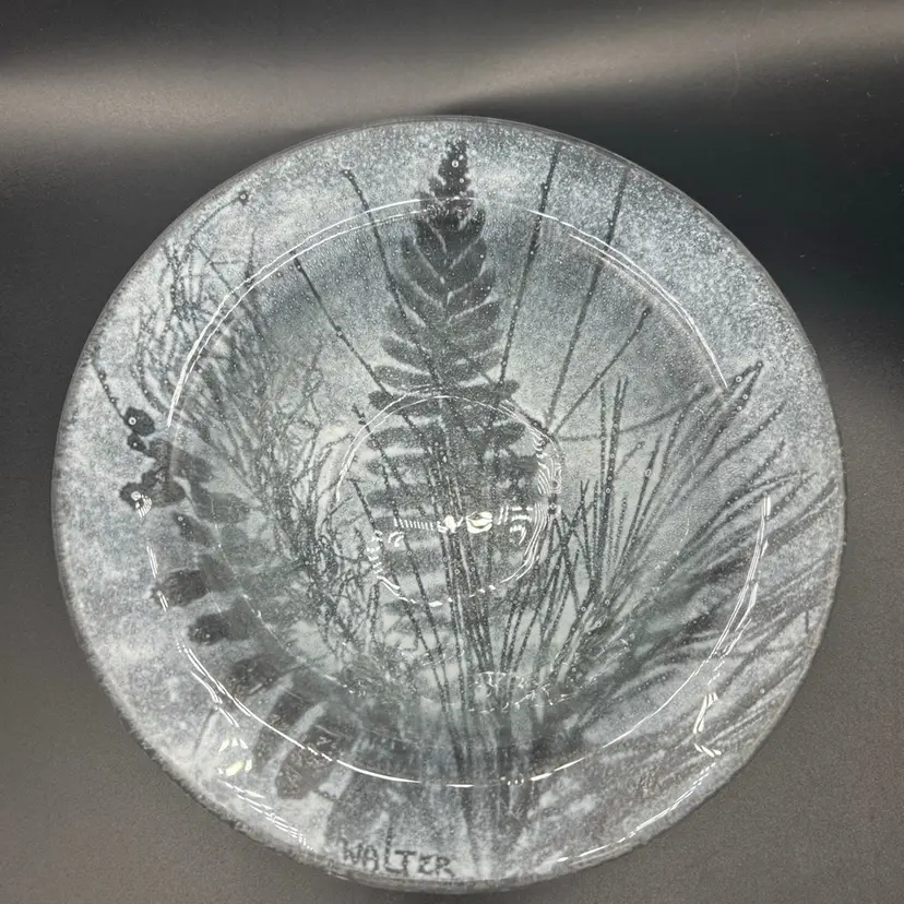Edwin Walter MCM Fused Glass Fern Bowl Signed 7.25" Snowy Trinket Dish