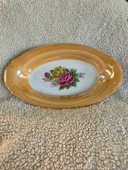 Vintage Norleans Peach Lusterware Oval Ceramic Relish Trinket Dish w/Rose Design