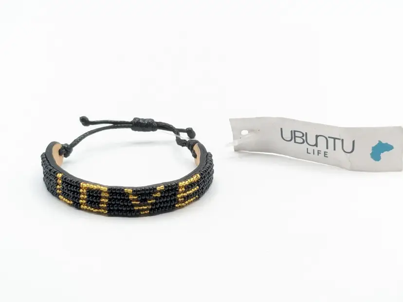 Ubuntu Life Leather Love Bracelet Handmade Black Gold Glass Beads Boho