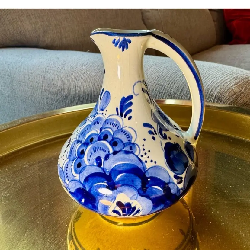 Vintage 5” tall Dutch Delft Blue ceramic jug, hand-painted floral design pottery