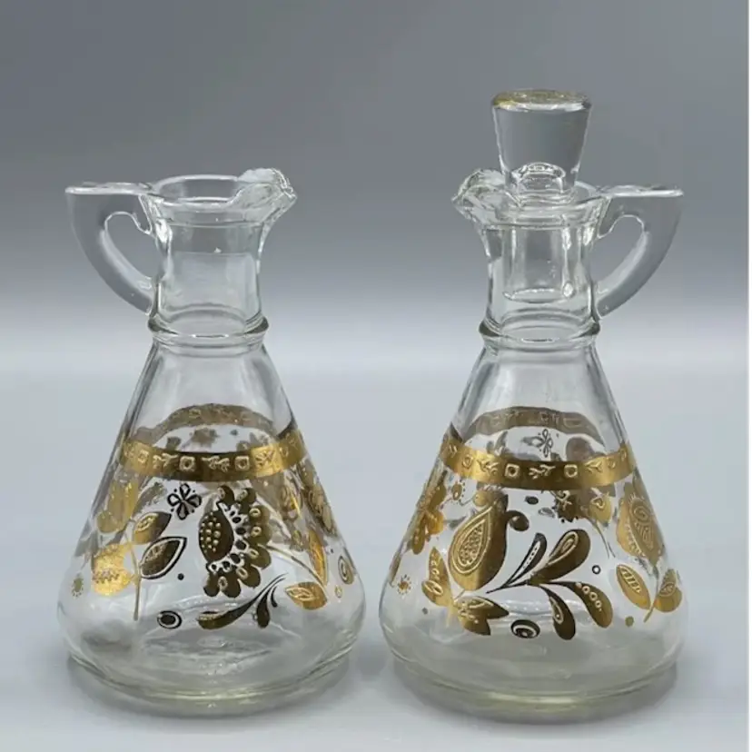 Culver Glass Chantilly Oil & Vinegar Cruet Set Gold Floral AS IS