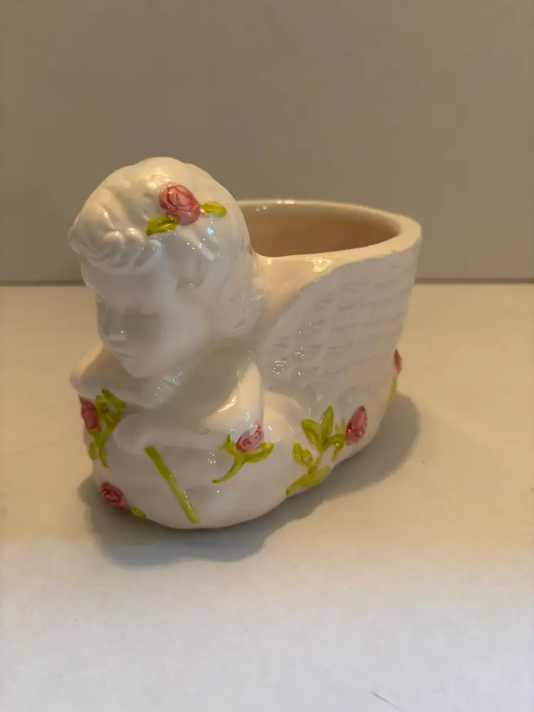 Vintage Angel Planter Ceramic White with Rose Pattern Unbranded 5.5 inches Long