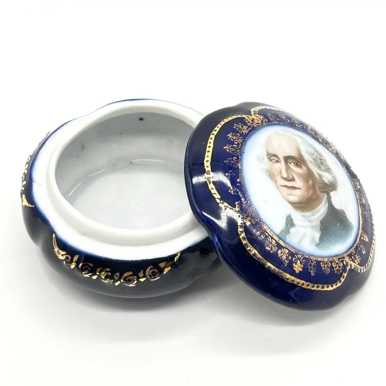 Vintage Porcelain Dresser Trinket Box Cobalt Blue & Gold George Washington Portrait marked Germany