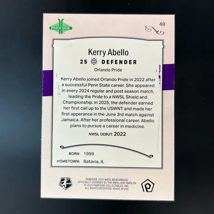 Kerry Abello 2025 Beachwood Brand Blue Foil /25 Soccer Card