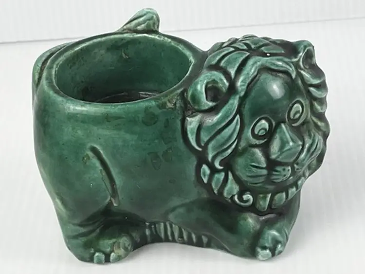 Lion Votive Succulent Holder Jade Green Signed Vintage Art Pottery Ceramic