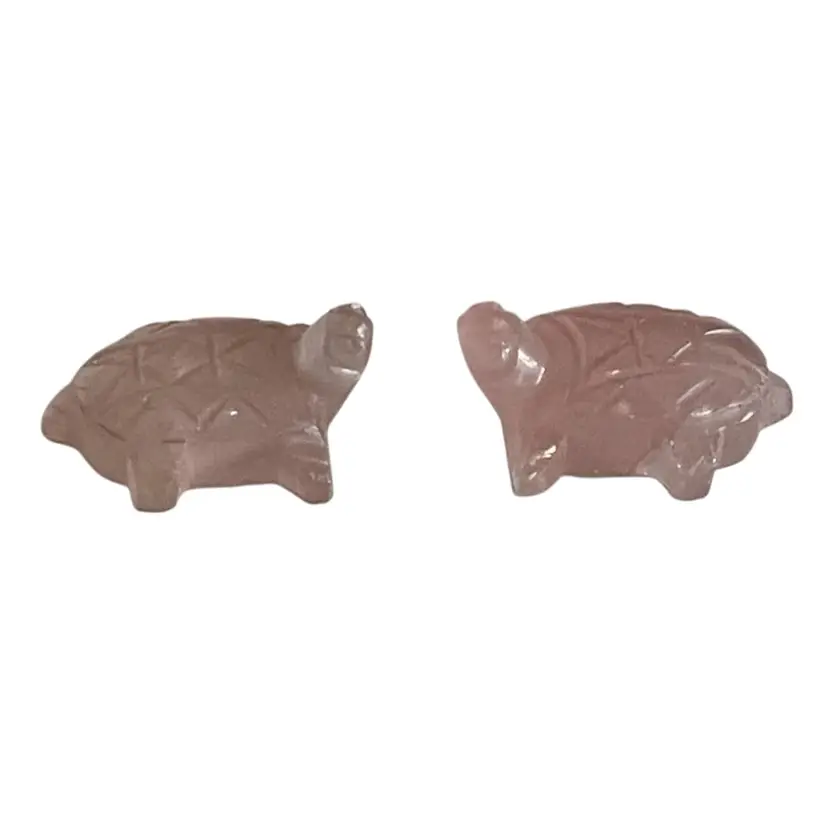 Vintage Set Of 2 Hand Carved Rose Quartz Mini Turtles