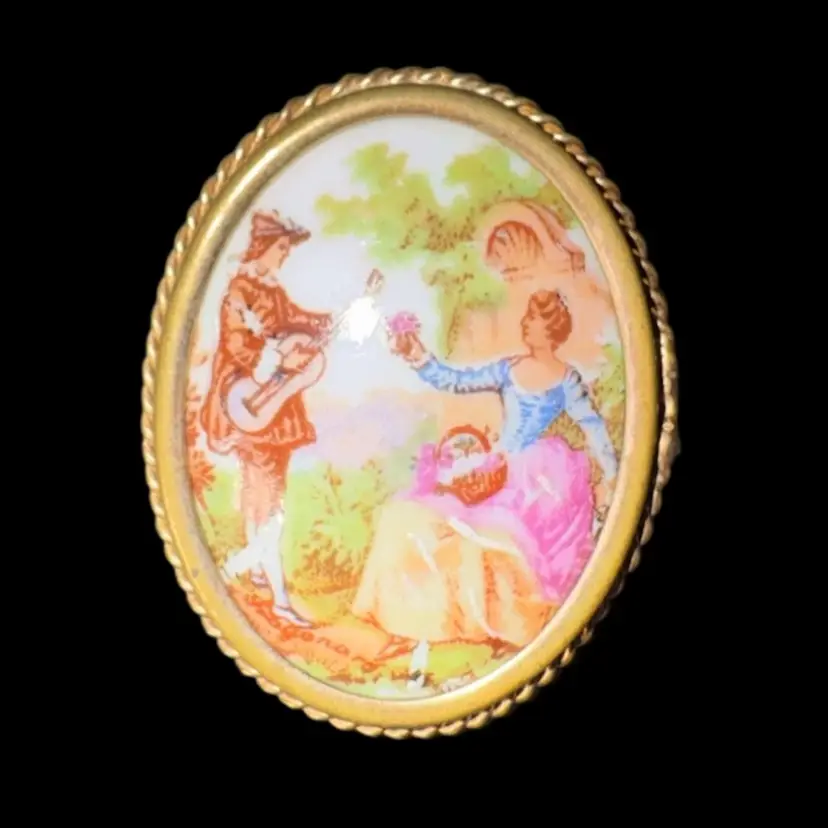 Limoges France Vintage Porcelain Pin Love Scene Hand Painted Genuine Stamped