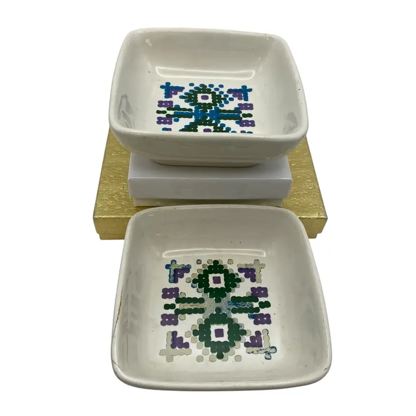 Pair Of Pixelated Geometric Design Square Ceramic Dish