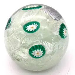 25 - Murano Italian Glass Green and White Scramble Paperweight With Murines And Latticino 2 7/8”