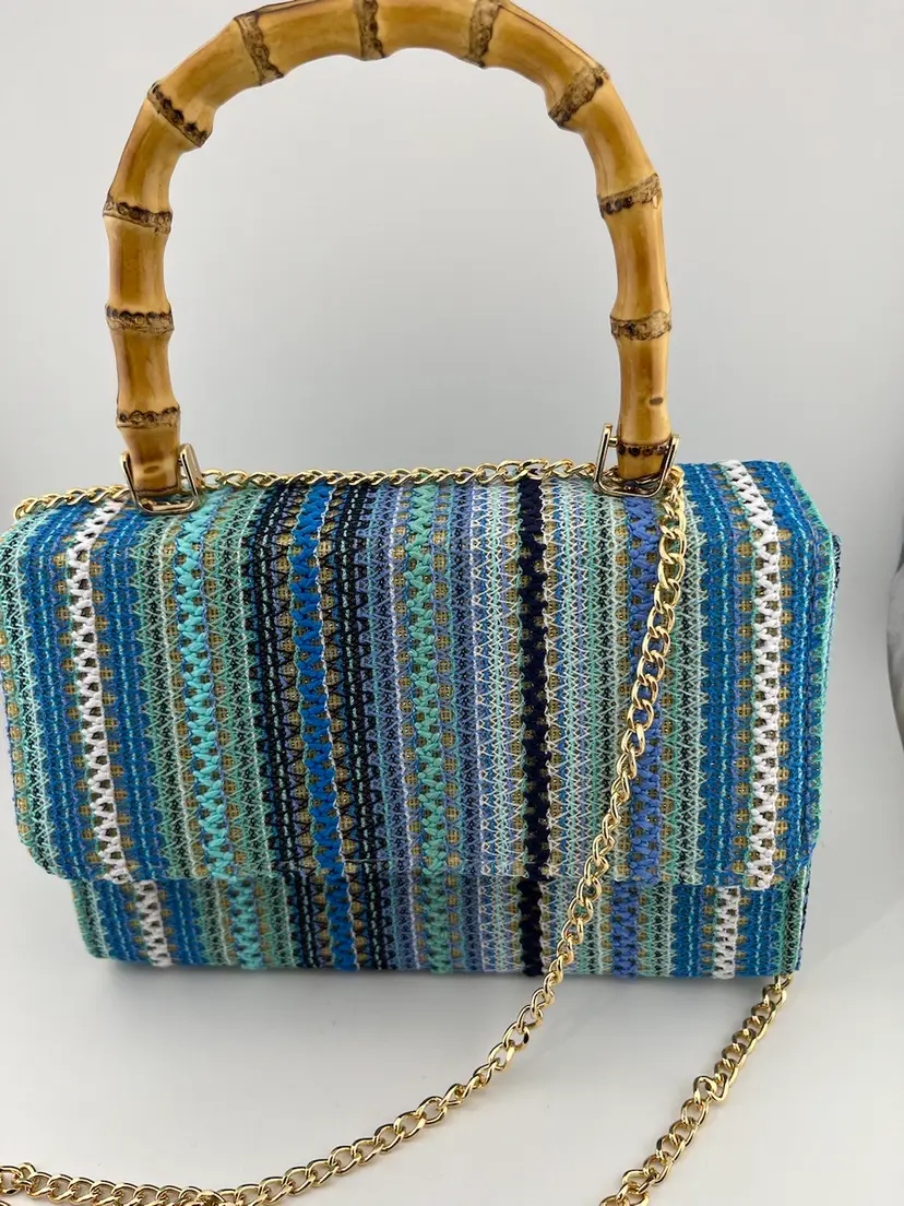 Haule Hippie Blue fabric purse w/ Bamboo Handle & Removable Gold Tone Long Chain