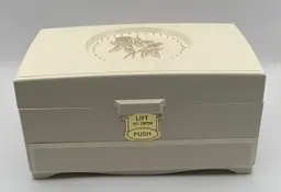 VTG 1960s Jewelry Box Cream Color Plastic With Flowers And Red Satiny Lining