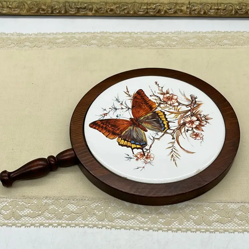 Vtg Bug Butterfly Ceramic Trivet Mounted In Wood