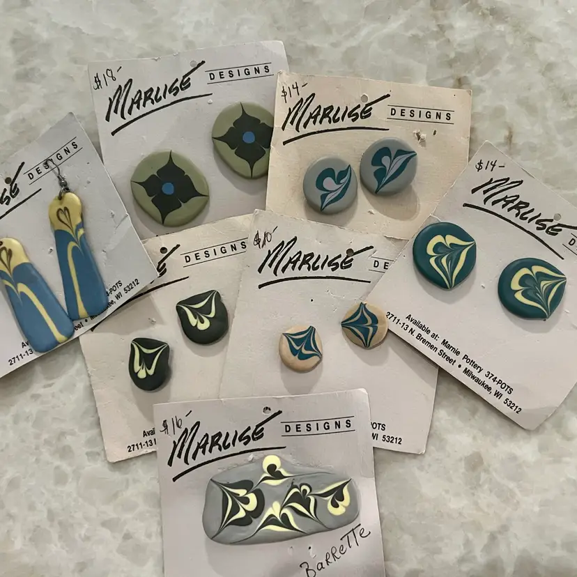 Marlise Polymer Clay Blue Green Gray Cream  Earrings & Barrette Handmade 6PC LOT