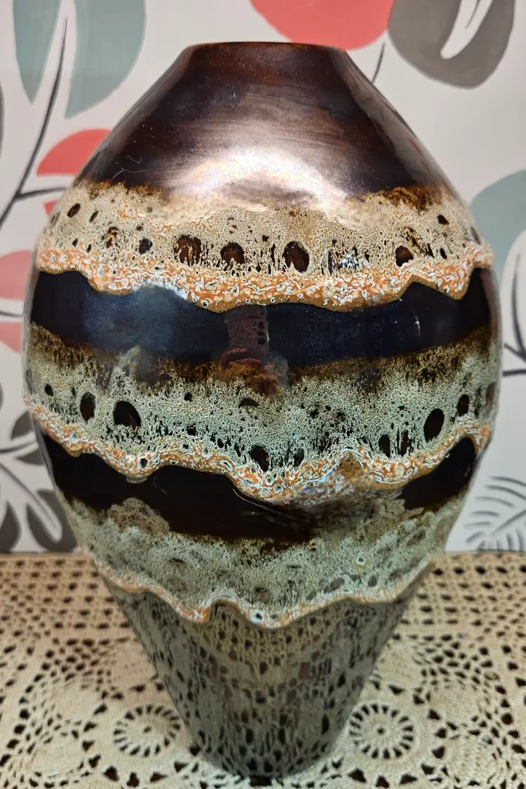 Beautiful Iridescent Brown Vase w/ Rows of Foamy Drip Glaze 12"