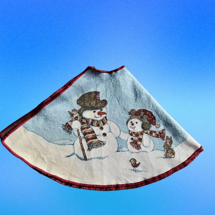 Tapestry Tree Skirt Blue/Tan Snowman Birds & Bunnies Christmas READ
53” Diameter 10” Opening