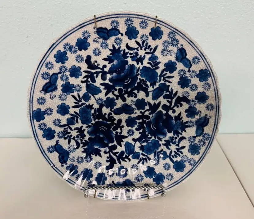 Chinese De Chang Tao Ci Porcelain Blue Charger Round Tray- Flowers & Butterflies