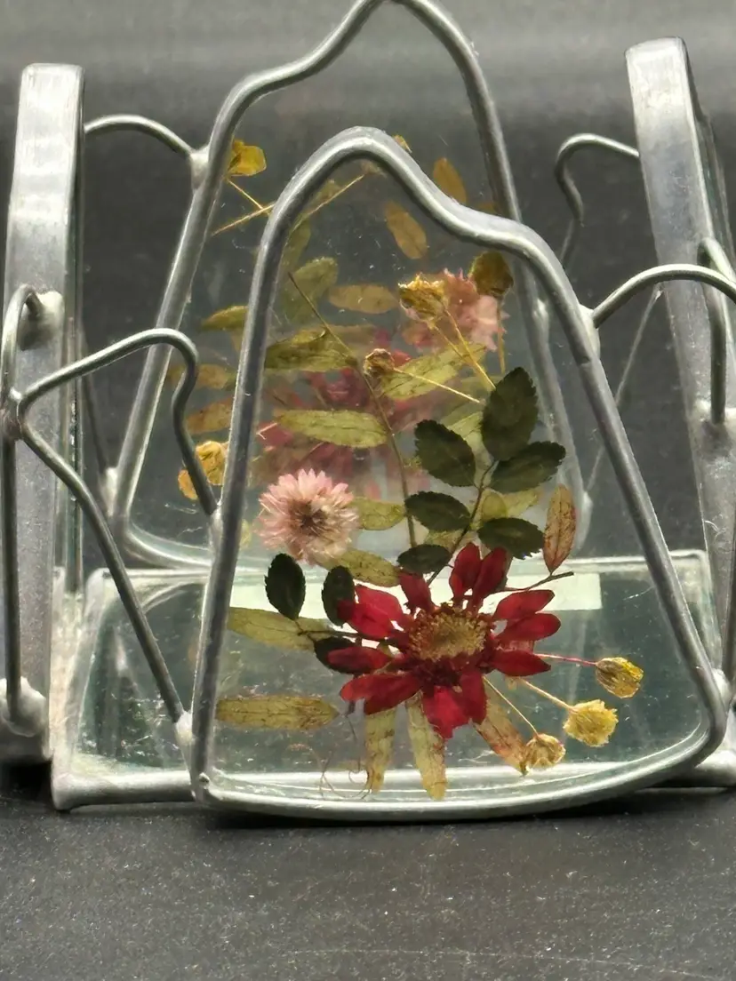 Vintage 1990s Y2K Pressed Dried Flowers Glass & Metal Votive Candle Holder