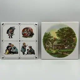 Set of 2 Trivet Tiles, Currier & Ives and Villeroy & Boch
