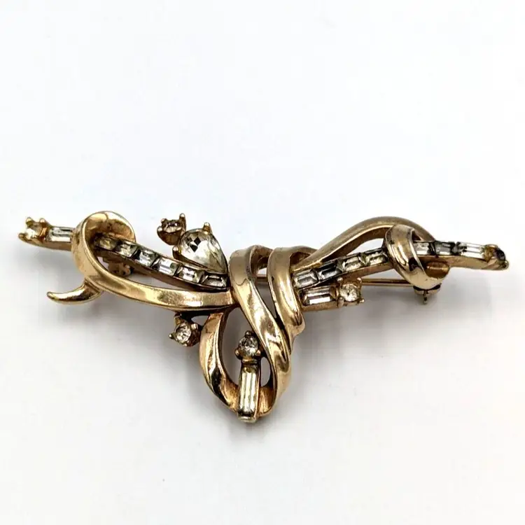 Gold Tone Clear Rhinestone Brooch Vintage Baguette Crystals Unmarked Pin