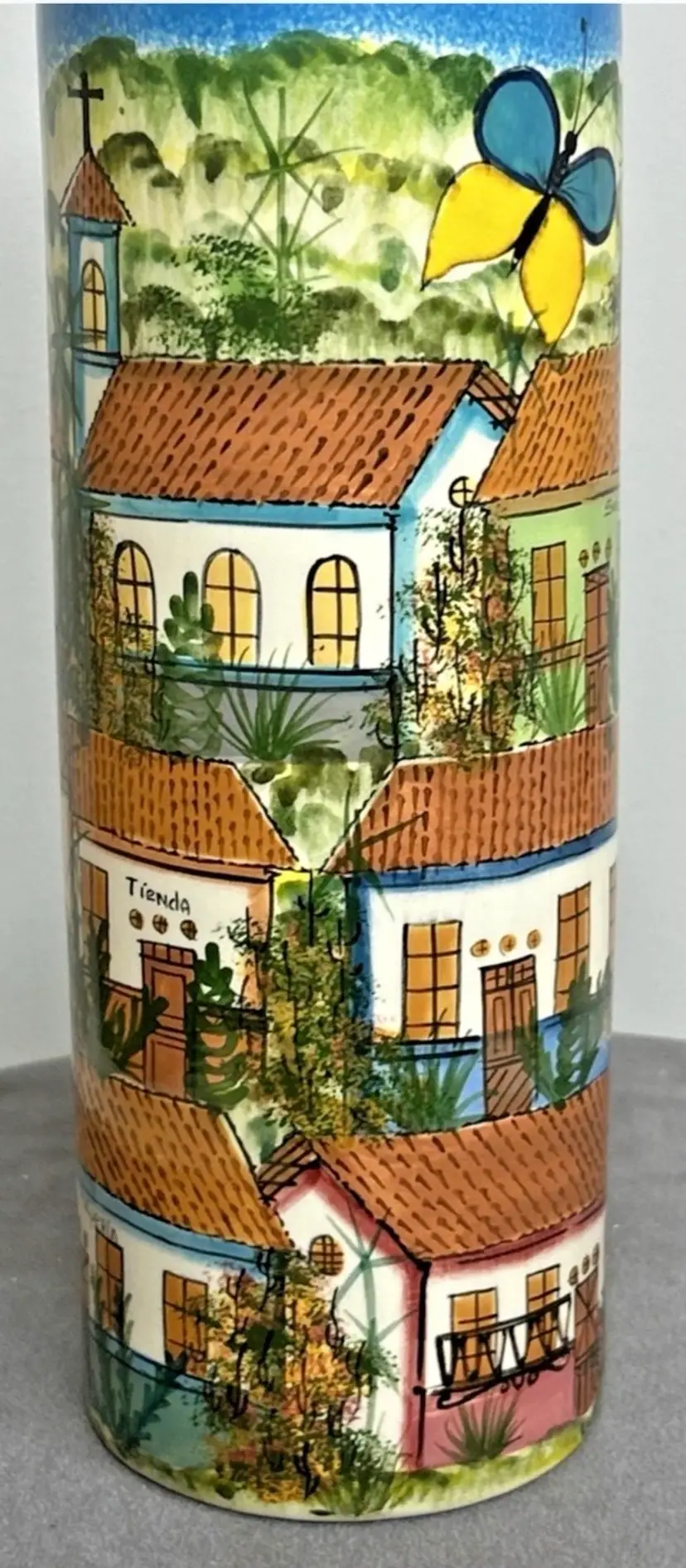 Vintage Scenic Hand Painted 9.75" Tall Vase ~ Costa Rica ~ Signed (c) 1990