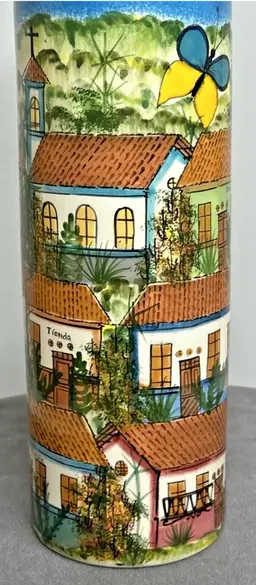 Vintage Scenic Hand Painted 9.75" Tall Vase ~ Costa Rica ~ Signed (c) 1990
