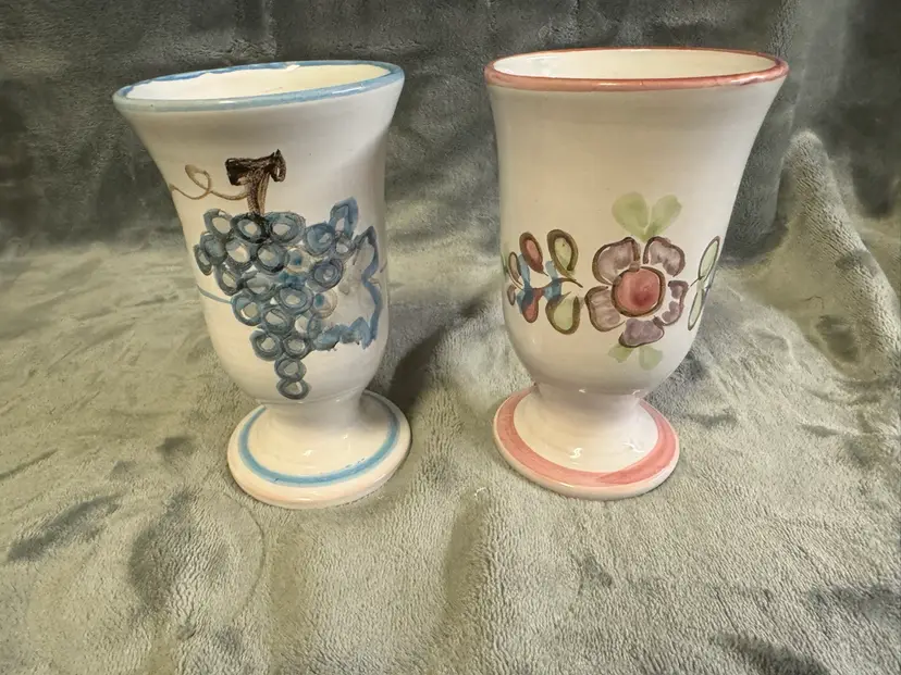 VTG 2 Hand Painted French Art Pottery Cup Mug Vase Saint Brice Cognac Charente