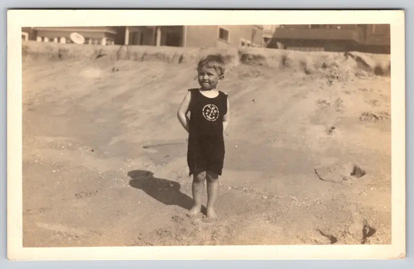 Postcard RPPC Boy on Sandy Beach OP Anchor Shirt Real Photo Shadow  - 9110