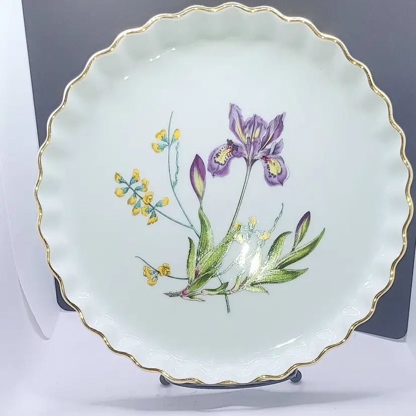 Vintage Spode Floral Porcelain Baking Dish /Plate with Gold Trim 9" Iris & Sphaerolobium