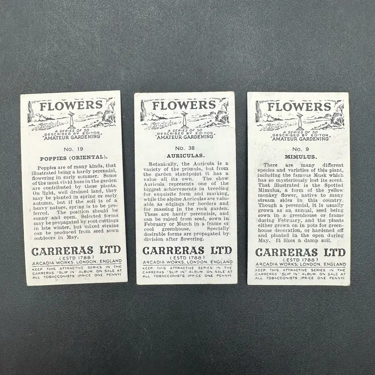 Carreras LTD Amateur Gardening Tobacco Trade Cards, 1936 Arcadia Works London, England Set Of 3