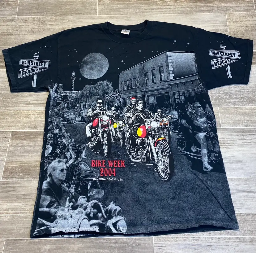 Vintage Daytona Beach 2004 All Over Print Tee Men L Biker Y2K AOP