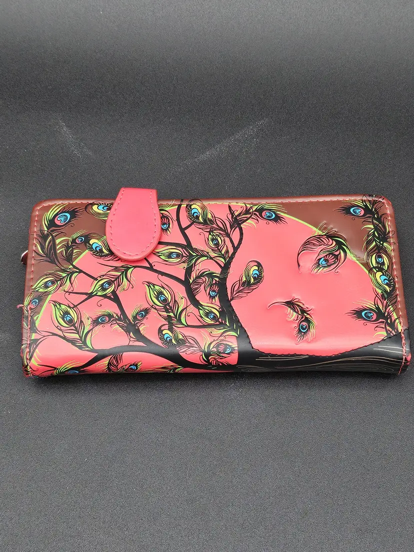 Shagwear Women's Wallet Peacock Feathers Tree Pink Green Black