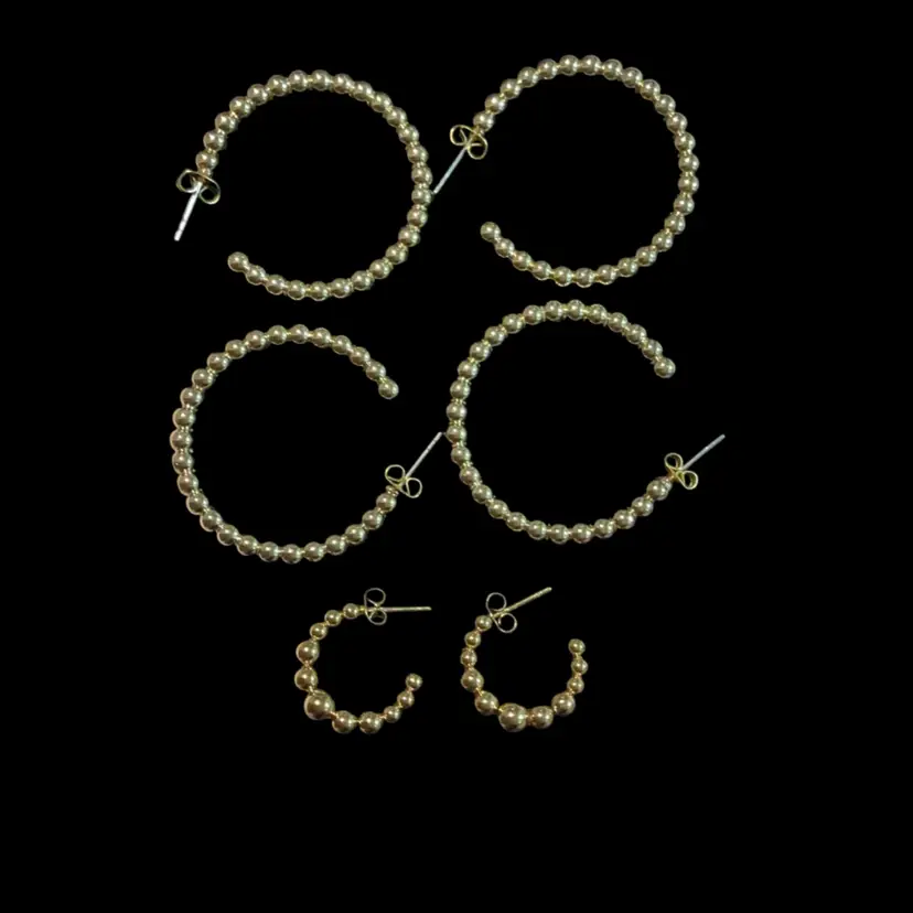 Three Pairs Of Goldtone Ball Beaded Hoop Pierced Earrings. Not Signed