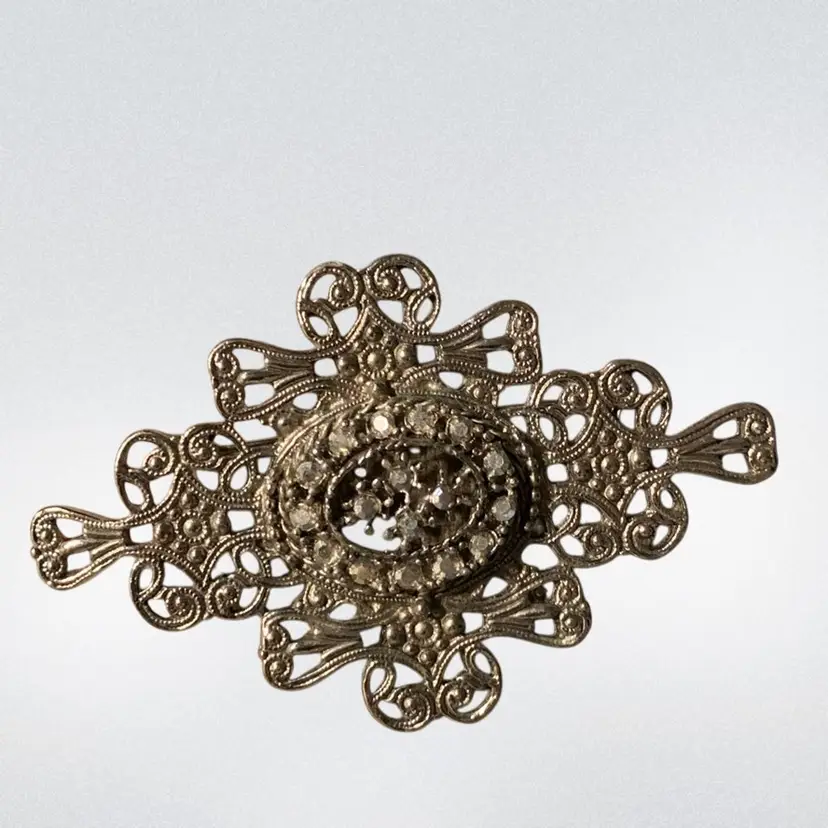 #15 - Large Silver Tone  Ornate Filigree Brooch Center Oval Shape Filled With Clear Rhinestones