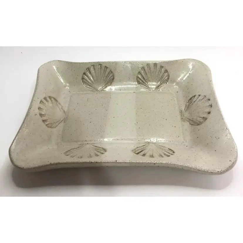 Art Pottery Tray Embossed Scallop Seashells Speckled Sand Color Signed Gregory