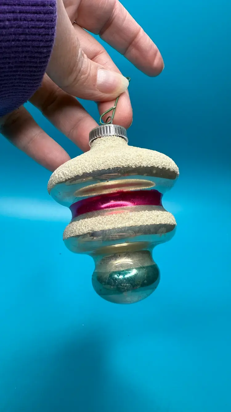 Vintage West Germany Glass UFO Bell Christmas Ornament Mica & Painted Striped #2