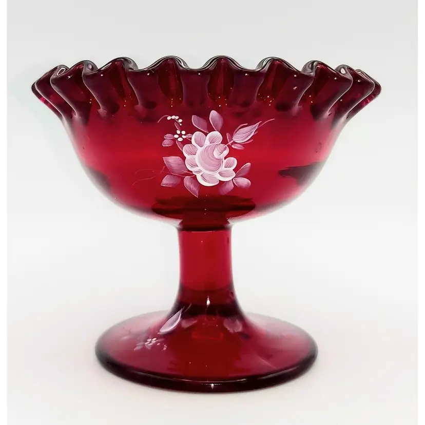 FENTON Ruby Red Crimped Edge Hand Painted Pedestal Compote Candy Dish Signed