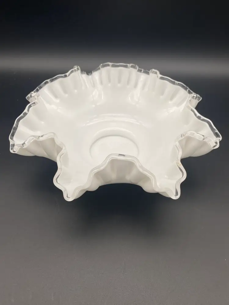 Fenton Silver Crest Vintage Milk Glass w/ Fluted Clear Edges Decorative Bowl