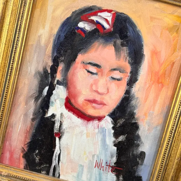 Native American Girl Oil Framed Oil Painting “Day Dream” Signed & Dated